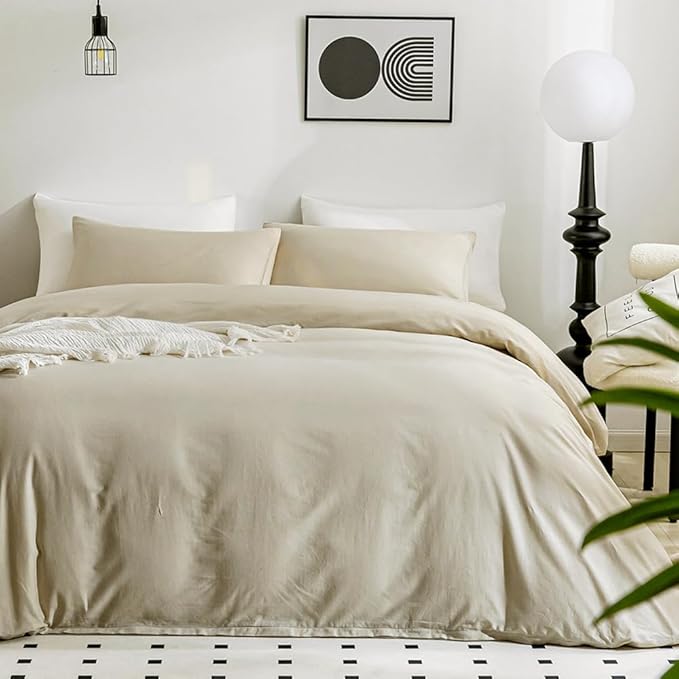 JELLYMONI Cotton Duvet Cover Full Size - 100% Washed Cotton Linen Like Textured Comforter Cover, 3 Pieces Lightweight Soft Bedding Set with Zipper Closure (Light Khaki, Full 80"x90")