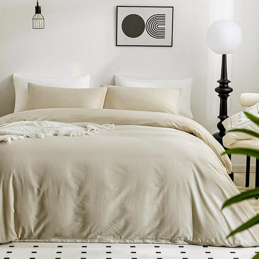 JELLYMONI Cotton Duvet Cover Full Size - 100% Washed Cotton Linen Like Textured Comforter Cover, 3 Pieces Lightweight Soft Bedding Set with Zipper Closure (Light Khaki, Full 80"x90")