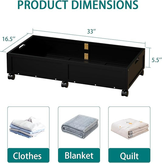 Bamboo Under Bed Storage Containers, Rolling Underbed Organizer with Wheels, Sturdy Under the Bed Shoe Storage Bins, Stackable Underbed Drawers for Bedroom Closet Clothing Toy 2 Packs (Black, Large)