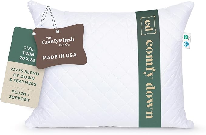 ComfyDown Premium Feather and Down ComfyPlush Supportive Bed Pillow for Sleeping, Luxury Diamond Quilted Cotton Cover, Made in USA, Medium Firm (Twin = 20x28)
