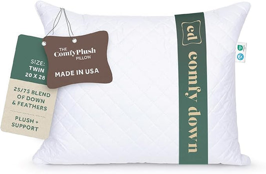 ComfyDown Premium Feather and Down ComfyPlush Supportive Bed Pillow for Sleeping, Luxury Diamond Quilted Cotton Cover, Made in USA, Medium Firm (Twin = 20x28)