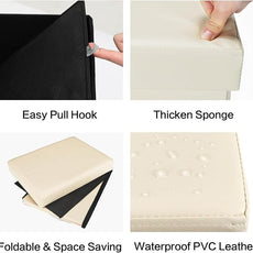 AmasSmile Storage Ottoman Folding Foot Rest Stool with Side Pocket, 16 inch Leather Footstool Bench, Short Ottoman Bench, Storage Foot Rest Store, Books (Beige-2)