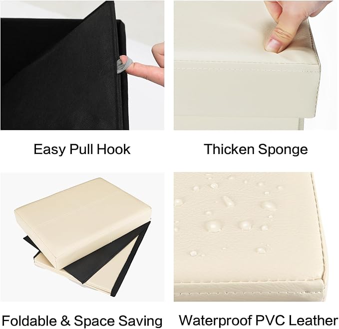 AmasSmile Storage Ottoman Folding Foot Rest Stool with Side Pocket, 16 inch Leather Footstool Bench, Short Ottoman Bench, Storage Foot Rest Store, Books (Beige-2)