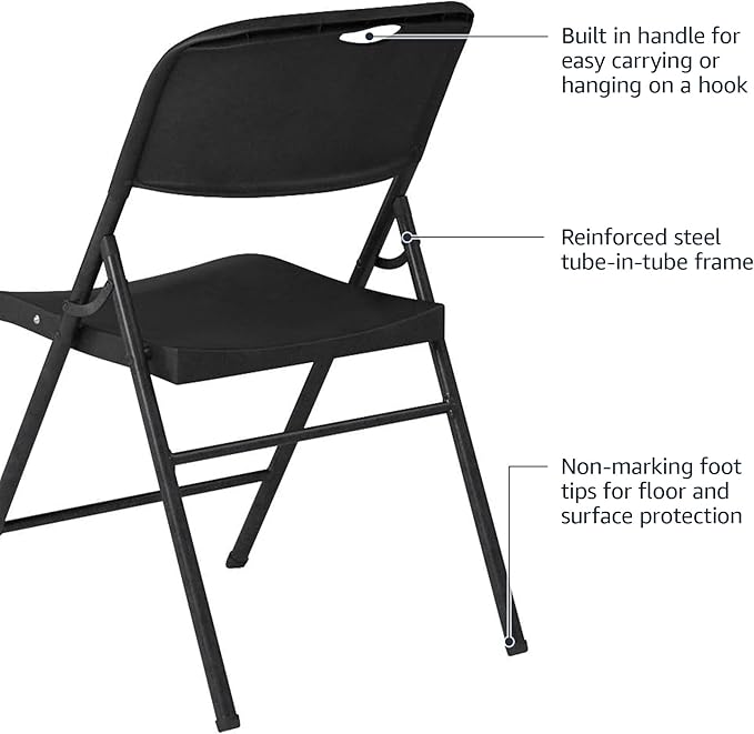 Amazon Basics Sturdy Foldable Plastic Chair, Portable, 350-Pound Capacity, Black, 6-Pack