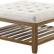 24KF Large Square Upholstered Tufted Linen Ottoman Coffee Table, Large Footrest Ottoman with Solid Wood Shelf-Ivory
