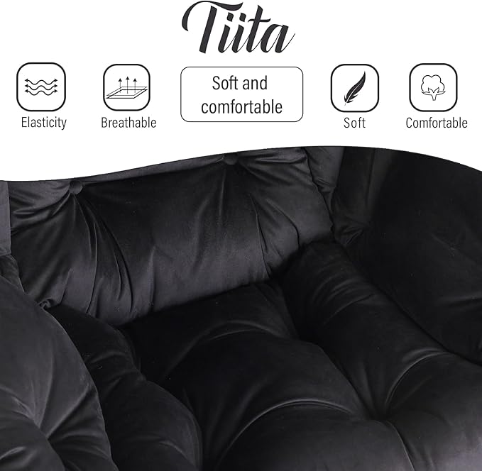 Tiita Lazy Chair with Ottoman, Modern Large Accent Lounge Armchair, Comfy Leisure Sofa Reading Chair with Footrest for Bedroom, Living Room, Dorm Rooms, Garden and Courtyard, Velvet Black