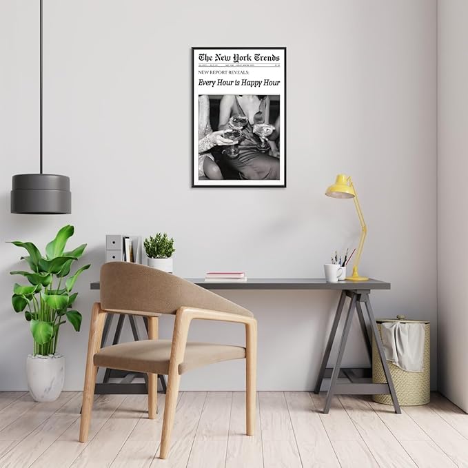 Retro New York Trends Wall Art Black and White Newspaper Poster Every Hour Is Happy Hour Canvas Prints Funky Feminist Posters Trendy Alcohol Wall Decor for Bar Cart Hot Girl Dorm Room Decorative 12x16inch black framed