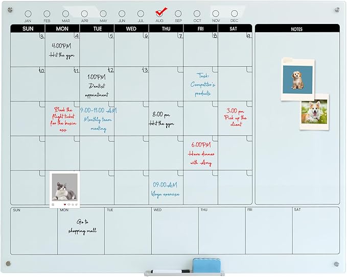 Magnetic Glass Whiteboard Calendar 48"x36" Glass Dry Erase Calender Board 36"x48" Monthly Plan White GlassBoard Wall Mounted for Office School Home (White)