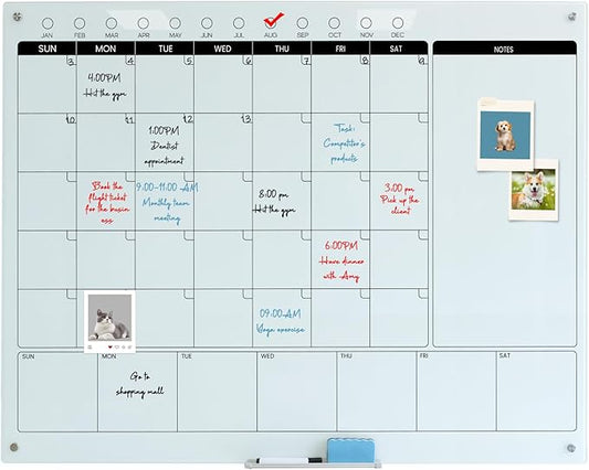 Magnetic Glass Whiteboard Calendar 48"x36" Glass Dry Erase Calender Board 36"x48" Monthly Plan White GlassBoard Wall Mounted for Office School Home (White)