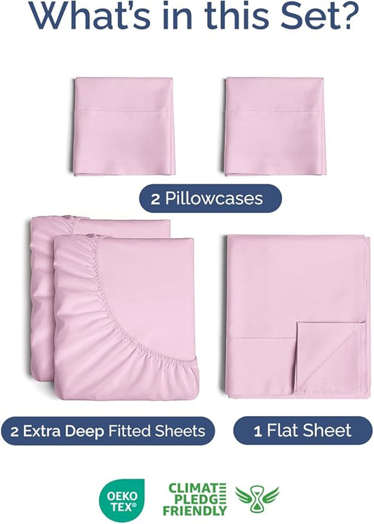 Extra Deep Pocket Split King Sheets - 5 Piece Breathable & Cooling Bed Sheets - Hotel Luxury Bed Sheet Set - Soft, Wrinkle Free & Comfy - Easily Fits Extra Deep Mattresses - Light Pink Sheets Set