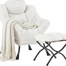 Cozy Lazy Chair and Ottoman, Large Contemporary Accent Lounge Chair Set, Leisure Upholstered Reading Armchair for Bedroom, Living Room, Dorm Rooms, Office, Peach Beige