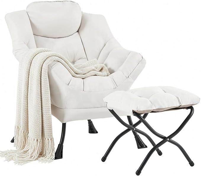 Cozy Lazy Chair and Ottoman, Large Contemporary Accent Lounge Chair Set, Leisure Upholstered Reading Armchair for Bedroom, Living Room, Dorm Rooms, Office, Peach Beige