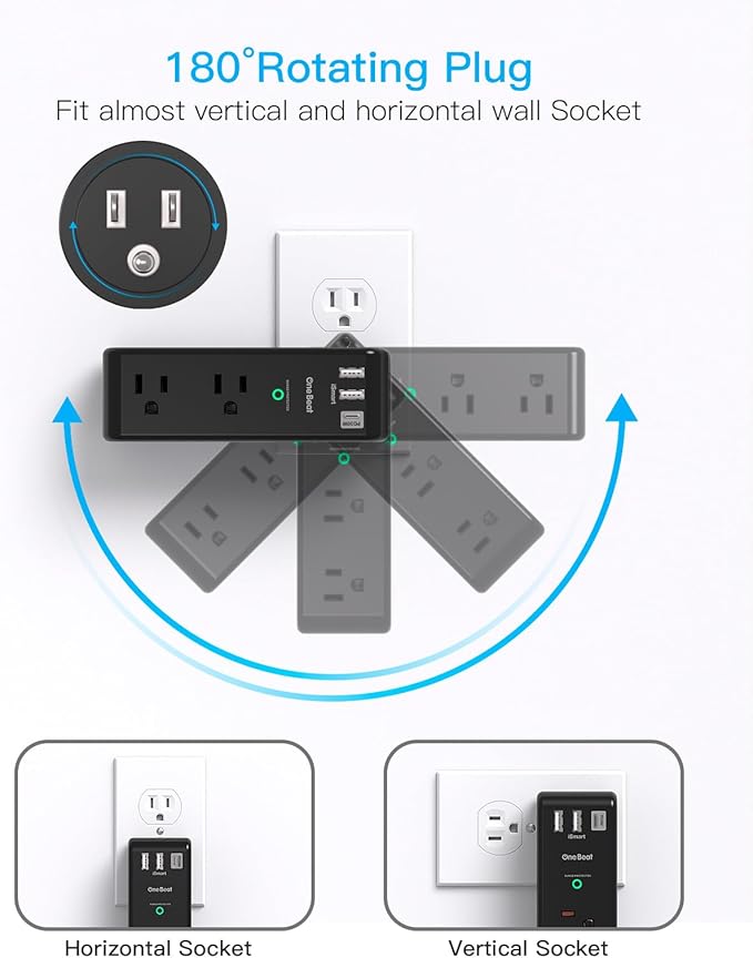 PD 30W Surge Protector Outlet Extender, Rotating Plug, One Beat 6 AC Multi Plug Outlet with 3 USB Ports (1 USB C), 1800J 3-Sided Swivel Power Strip, Spaced Outlet Splitter for Home Office Dorm - Black