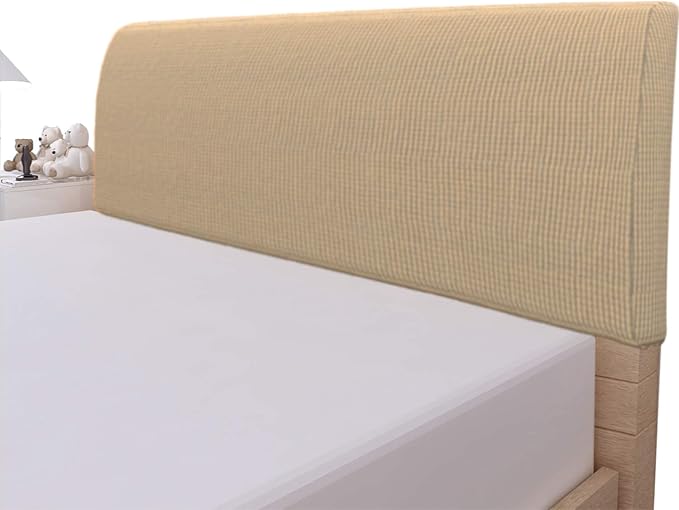 Easy-Going Stretch Bed Headboard Cover,Small Square Jacquard Headboard Slipcover, Dustproof Bed Head Cover for Bedroom (King,Sand)