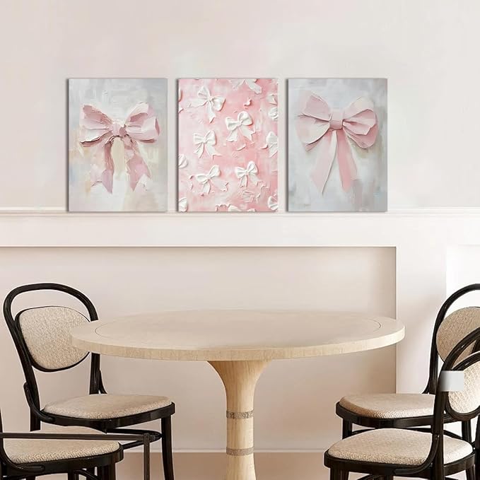 Pink Bow Canvas Wall Art Set of 3 Coquette Oil Painting Cute Bow Posters Wall Decor Trendy Preppy Print Picture for Back to School Bedroom Bathroom College Dorm 12x16 In Framed
