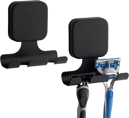 TAILI Powerful Suction Cup Razor Holder 2 Pack, Stylish 304 Stainless Steel Bathroom Suction Hooks for Towel, Loofah, Bathrobe, Shaver Holder for Shower Wall, Easy to Install and Reuse, Black