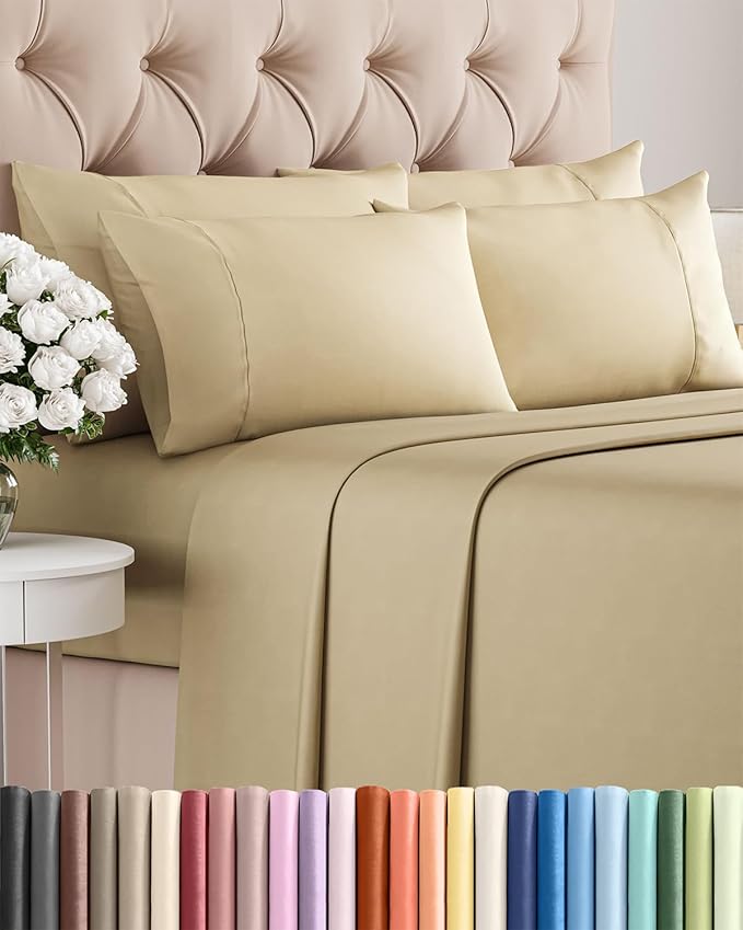 Queen 6 Piece Sheet Set - Cooling & Breathable Bed Sheets - Hotel Luxury Bed Sheets for Women, Men, Kids & Teens - Comfy Bedding w/Deep Pockets & Easy Fit - Soft & Wrinkle Free - Queen Beige Sheets