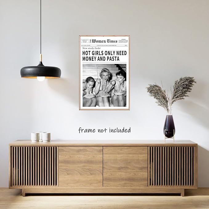 Vintage Women Times Newspaper Canvas Wall Art Black and White Aesthetic Poster Funky Hot Girl Eating Pasta Fashion Prints for Italian Kitchen Bar Cart Girly Dorm Room Art Posters 16x24inch Unframed