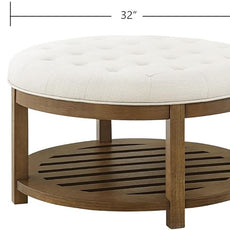 24KF Large Round Upholstered Tufted Linen Ottoman Coffee Table, Large Footrest Ottoman with Wood Shelf Storage-Ivory