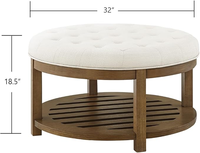 24KF Large Round Upholstered Tufted Linen Ottoman Coffee Table, Large Footrest Ottoman with Wood Shelf Storage-Ivory