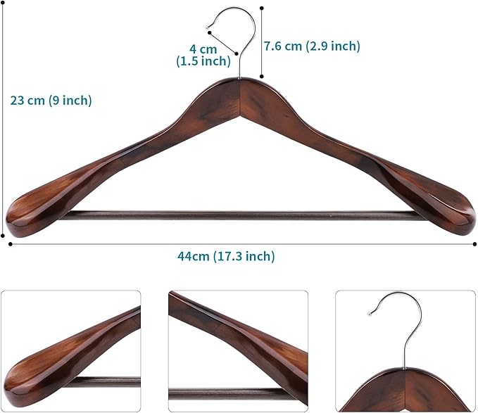 Solid Wood Suit Hangers, 6 Pack, Coat Hangers with Non Slip Trouser Bar, 360° Swivel Hook, Heavy Duty Wide Hangers for Suit, Coat, Jacket, Trousers, Pants,17.3" W x 9" H, Dark Walnut AWY0406H