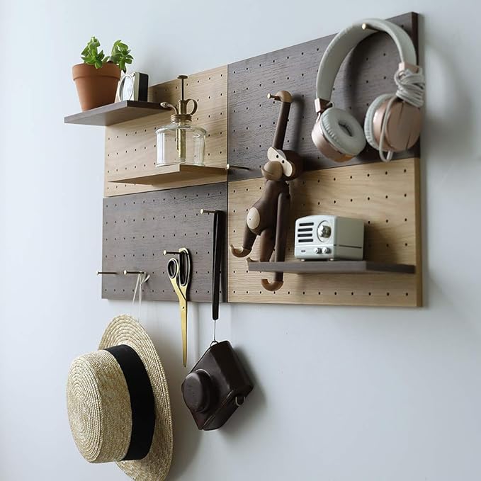 Wooden Pegboard Modular Display Organization Storage Wall Hooks Shelf (Color:Oak)