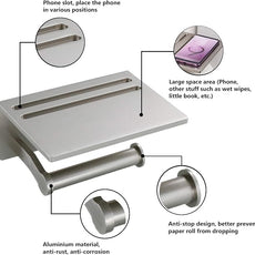 Toilet Paper Holder with Shelf, Aluminum Tissue Roll Holder with Mobile Phone Storage Shelf for Modern Bathroom, 3M Self Adhesive No Drilling or Wall-Mounted with Screws, Brushed Nickel
