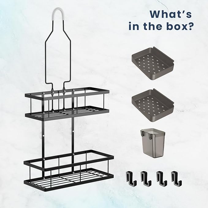Sben Hanging Rustproof Shower Caddy with Soap Dishes and Toothbrush Holder – Space-Saving 5 Pack Bathroom Organizer, 4 Hooks for Easy Storage and Convenience (Black)