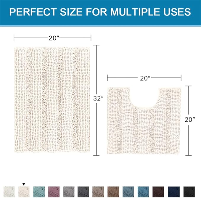 H.VERSAILTEX Bathroom Rugs Bath Rug Set 2 Piece Bathroom Contour Rug Toilet Mat Sets Non Slip Contour Bath Rug Ultra Thick Water Absorbent Striped Bath Mats Washable(20" x 32" Plus 20" x 20" U, Ivory)