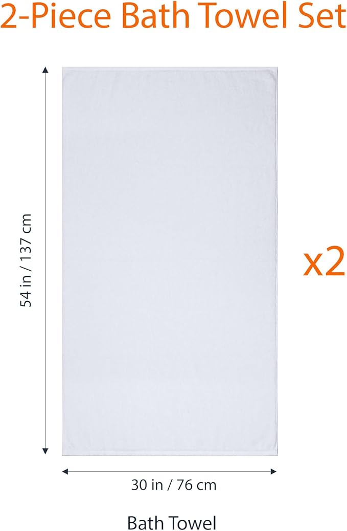 Amazon Basics 2 Piece Lightweight Quick-Dry Bath Towel, 100% Cotton, White, 54" x 30" (Pack of 12)