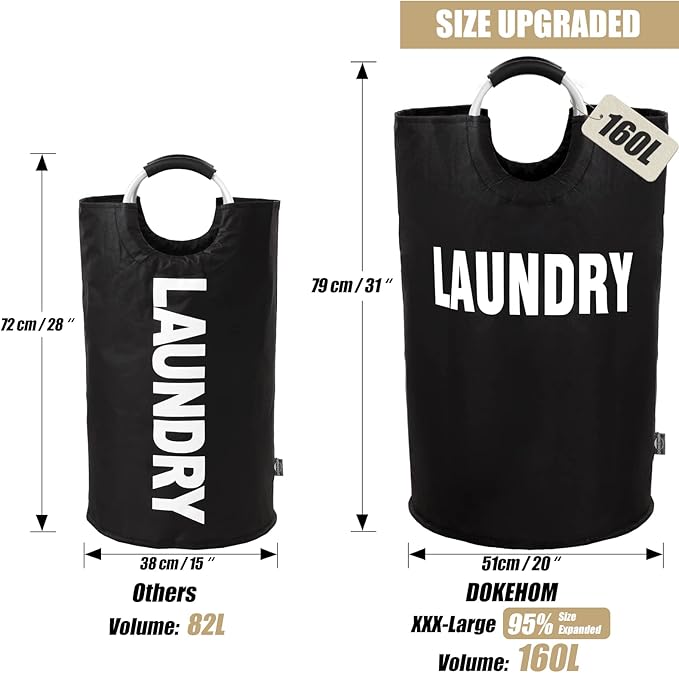 DOKEHOM 160L XX-Large Laundry Basket (7 Colors), Collapsible Laundry Bag, Foldable Laundry Hamper, Folding Washing Bin (Black, XXL)