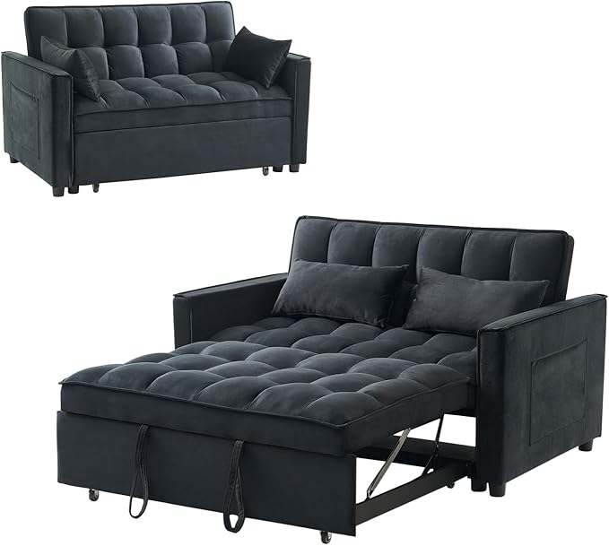 Sleeper Sofa Bed, 3-in-1 Velvet Pull Out Couch with Armrests, Storage Pockets and 2 Pillows, Adjustable Backrest, Pull Out Sofa Bed Couch for Living Room, Bedroom(Black)