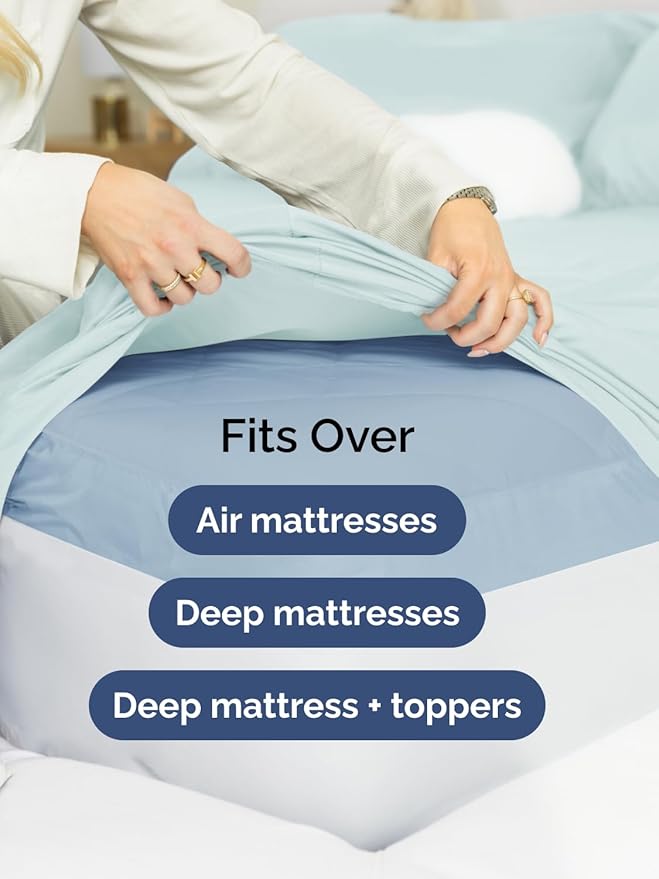 Extra Deep Pocket Split King Sheets - 5 Piece Breathable & Cooling Bed Sheets - Hotel Luxury Sheet Set - Soft, Wrinkle Free & Comfy - Easily Fits Extra Deep Mattresses - Deep Pocket Ice Blue Sheets