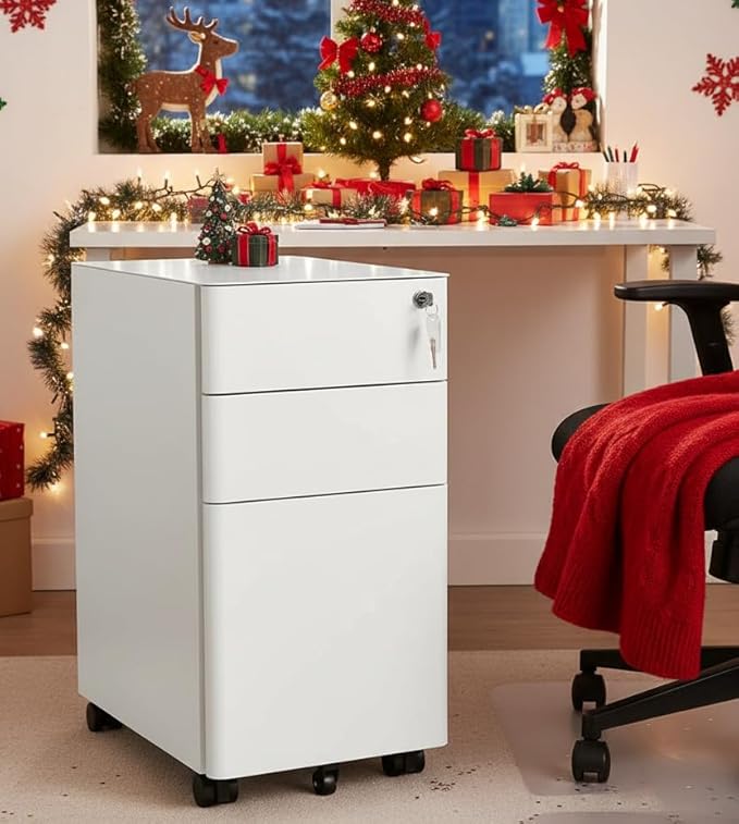 Mount-It! Slim Rolling File Cabinet, Under Desk Mobile Filing Cabinet with 3 Drawers and Lock, Steel Storage for Home Office and Small Business, White