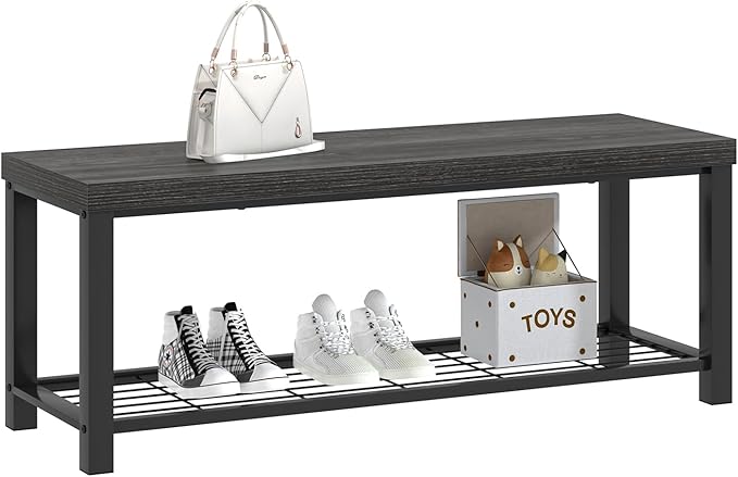 FOLUBAN Shoe Storage Bench, Modern Entryway Bench with Metal Shelf, Industrial Indoor Shoe Bench Seat for Bedroom, Hallway, Living Room, Dark Gray, 47 Inch