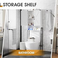 Over The Toilet Storage Cabinet with 2-Door Design Bathroom Organizers and Storage with Anti-Tip Device Over Toilet Organizer with Shelves for Bathroom,Restroom,Laundry White