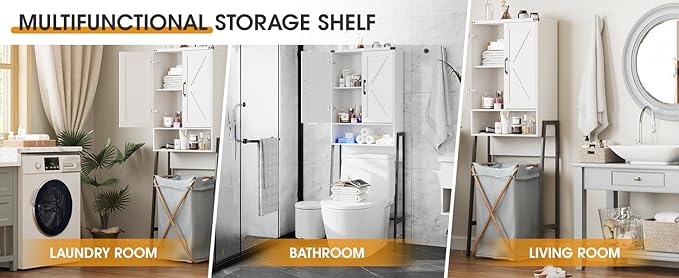 Over The Toilet Storage Cabinet with 2-Door Design Bathroom Organizers and Storage with Anti-Tip Device Over Toilet Organizer with Shelves for Bathroom,Restroom,Laundry White