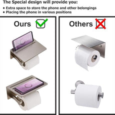 Toilet Paper Holder with Shelf, Aluminum Tissue Roll Holder with Mobile Phone Storage Shelf for Modern Bathroom, 3M Self Adhesive No Drilling or Wall-Mounted with Screws, Brushed Nickel