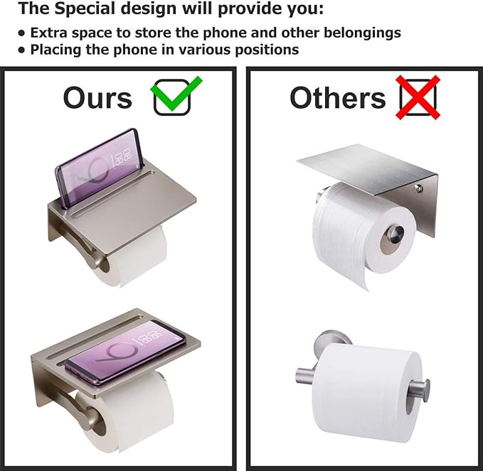 Toilet Paper Holder with Shelf, Aluminum Tissue Roll Holder with Mobile Phone Storage Shelf for Modern Bathroom, 3M Self Adhesive No Drilling or Wall-Mounted with Screws, Brushed Nickel