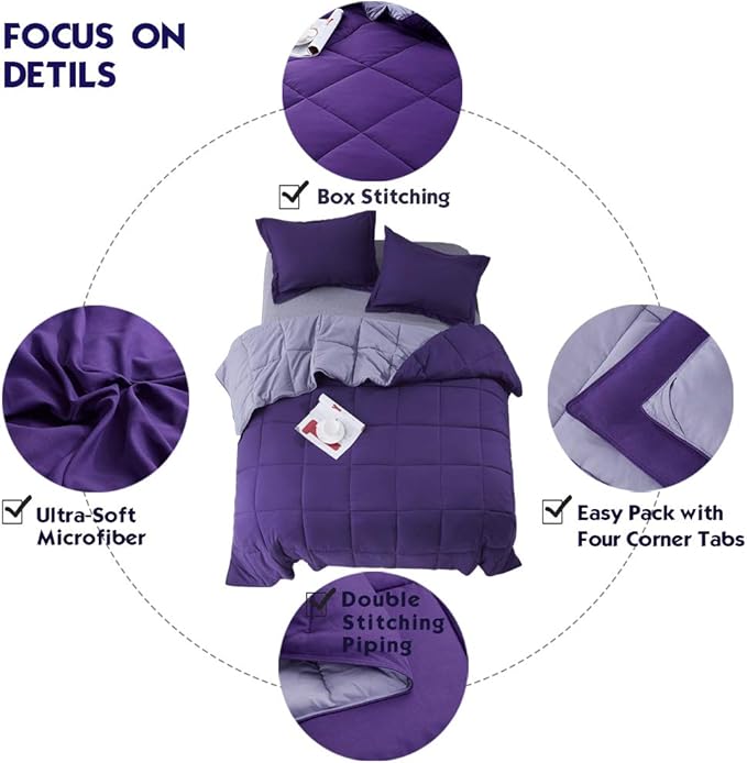 HIG 3pc Down Alternative Comforter Set - All Season Reversible Comforter with Sham - Quilted Duvet Insert with Corner Tabs - Box Stitched - Super Soft, Fluffy (Twin/Twin XL, Purple)