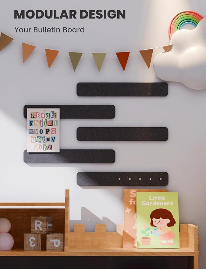 Cork Board Alternative Felt Strip Board 5-Pack 13"x2", Office Pin Board with 35 Push Pins, Adhesive Install for Bedroom Door & Home Office(Black)