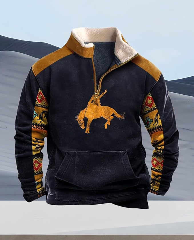 Western Sweatshirts for Men Aztec Cowboy Vintage Graphic Fleece Hoodie Mens Quarter Zip Pullover Country Jacket