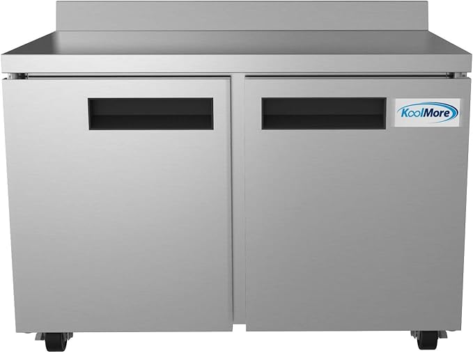 KoolMore 48" Stainless Steel 2 Door Worktop Commercial Freezer with 3 1/2 Backsplash - 12 cu.ft