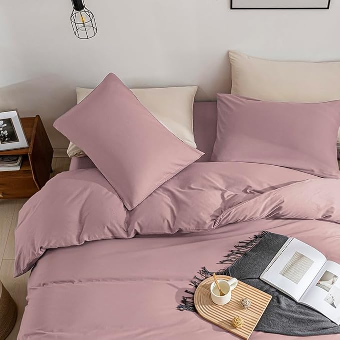 JELLYMONI Pink Duvet Cover Full Size - 100% Washed Cotton Linen Like Textured Comforter Cover, 3 Pieces Breathable Soft Bedding Set with Zipper Closure (Dusty Pink, Full 80"x90")