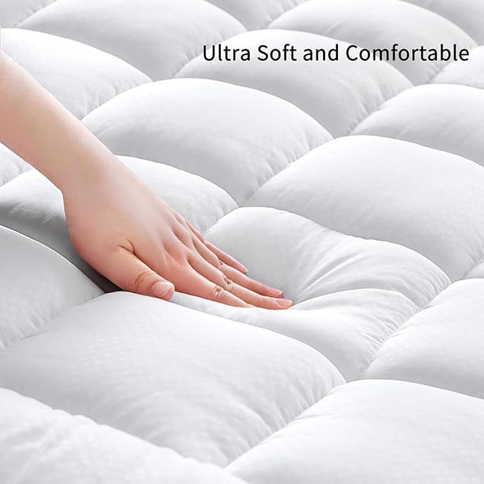 King Size Quilted Fitted Mattress Pad Cover with Deep Pocket Fitted 8" - 21", Ultra Soft and Comfortable, Breathable (White, King)