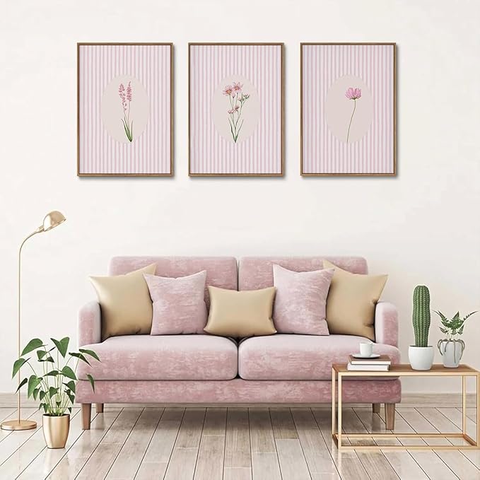 KISSFOX 3 Piece Framed Wall Art Botanical Wall Decor Pink Floral Pictures Wildflower Canvas Art Striped Minimalist Paintings Boho Artwork For Girly Room Bedroom Apartment Dorm Living Room