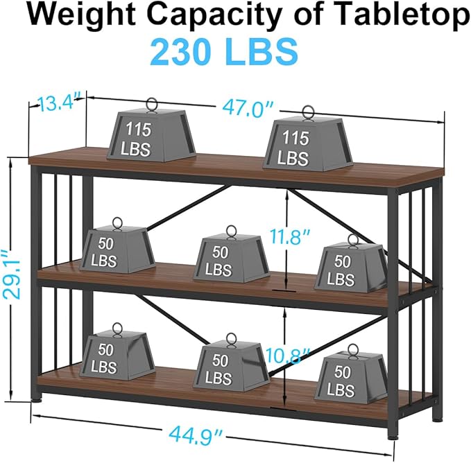 IBF 3-tier Industrial Bookshelf, Wood and Metal Horizontal Shelves Rustic Low Wide Bookcase with Large Open Storage, Farmhouse Simple Display Shelf for Home Office Living Room Kitchen, Walnut, 47 Inch