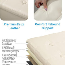 AmasSmile Storage Ottoman Folding Foot Rest Stool with Side Pocket, 16 inches Leather Footstool Bench, Short Ottoman Bench, Storage Foot Rest Store, Books, Beige