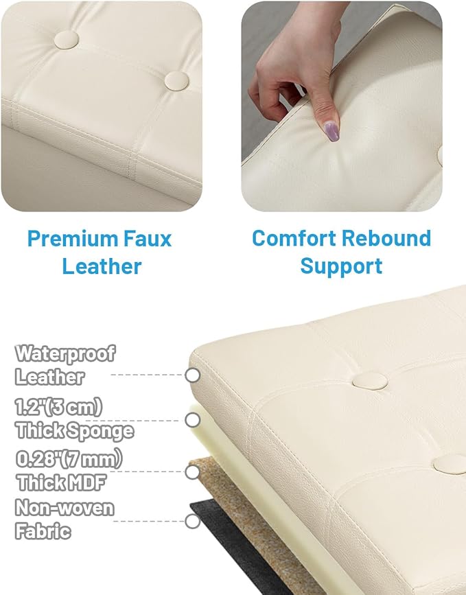 AmasSmile Storage Ottoman Folding Foot Rest Stool with Side Pocket, 16 inches Leather Footstool Bench, Short Ottoman Bench, Storage Foot Rest Store, Books, Beige