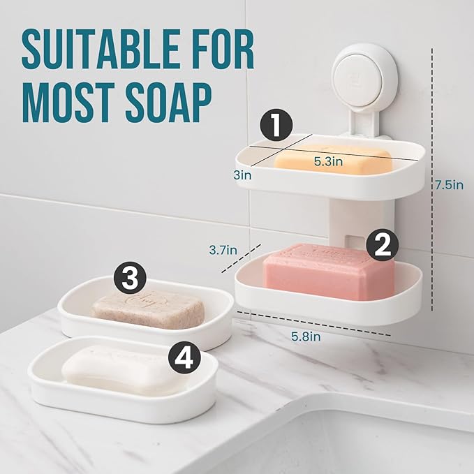 TAILI Double Layer Soap Dish Suction Cup Soap Holder, Strong Sponge Holder for Shower, Bathroom, Tub and Kitchen Sink, Drill-Free, Removable